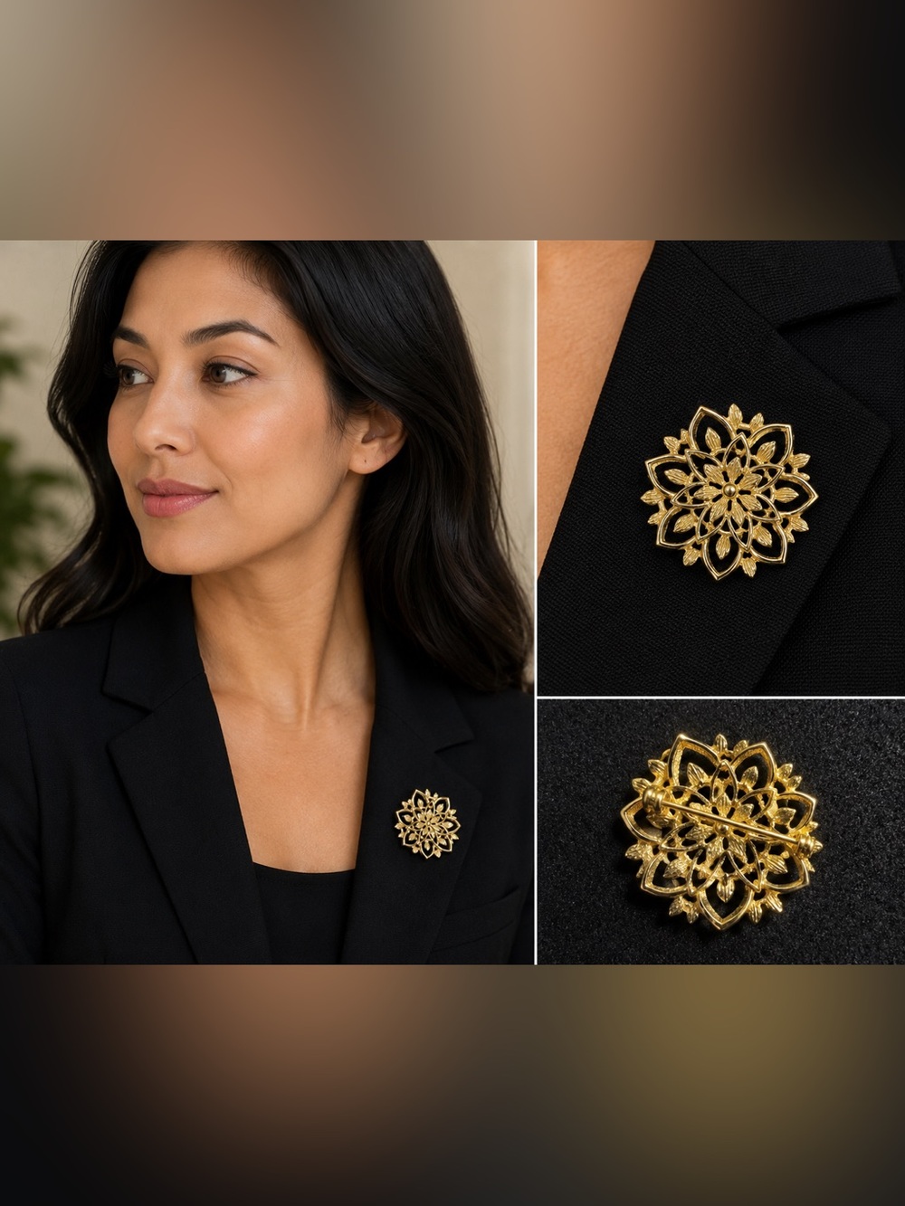 Vintage Gold Tone Floral Filigree Brooch Pin Openwork Flower Statement Jewelry